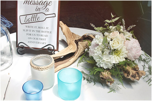 little miss lovely floral design // lighthouse sound wedding ocean city maryland // driftwood sea glass centerpieces