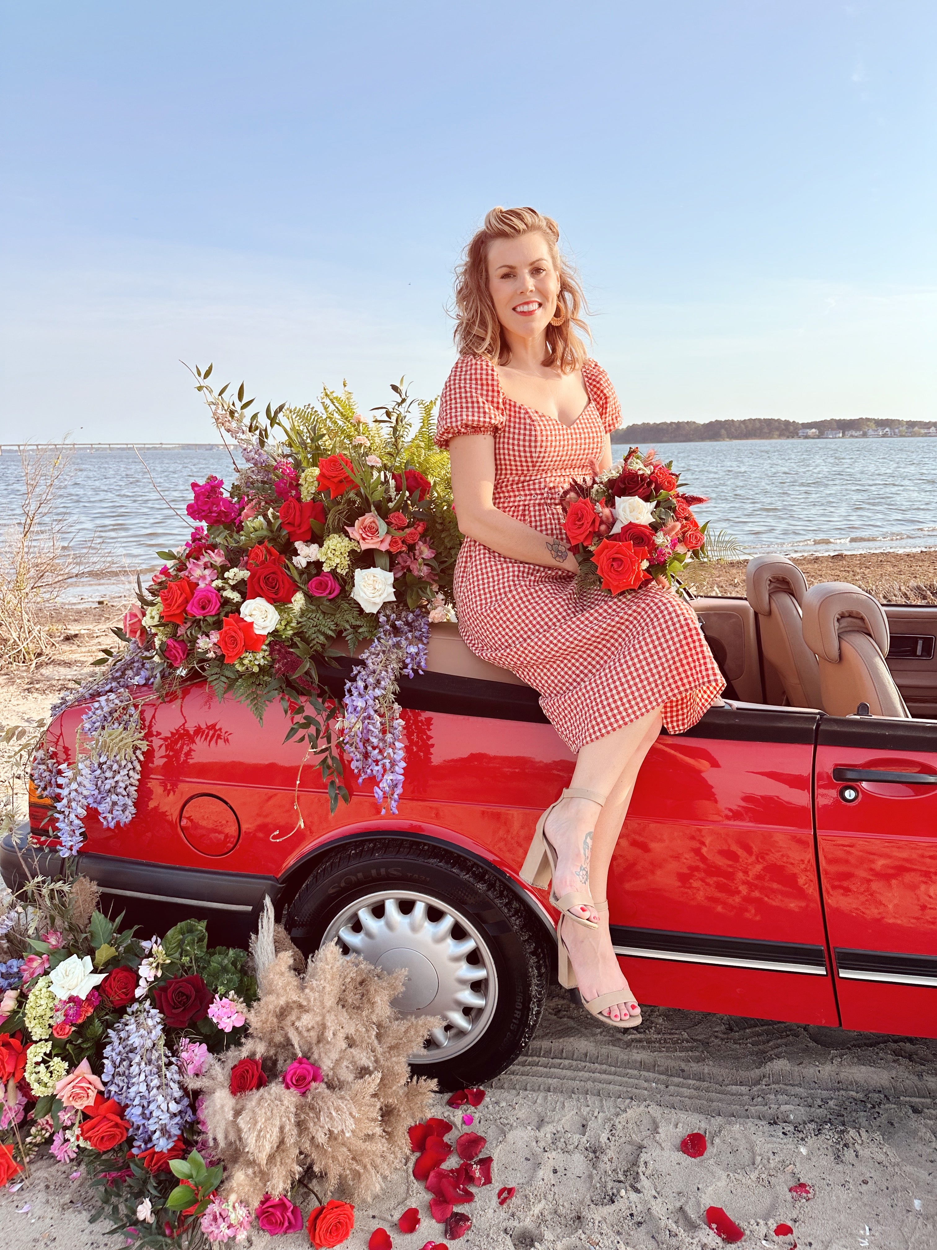 1994 classic saab 900 s covered in flowers // little miss lovely floral design ocean city maryland md wedding florist