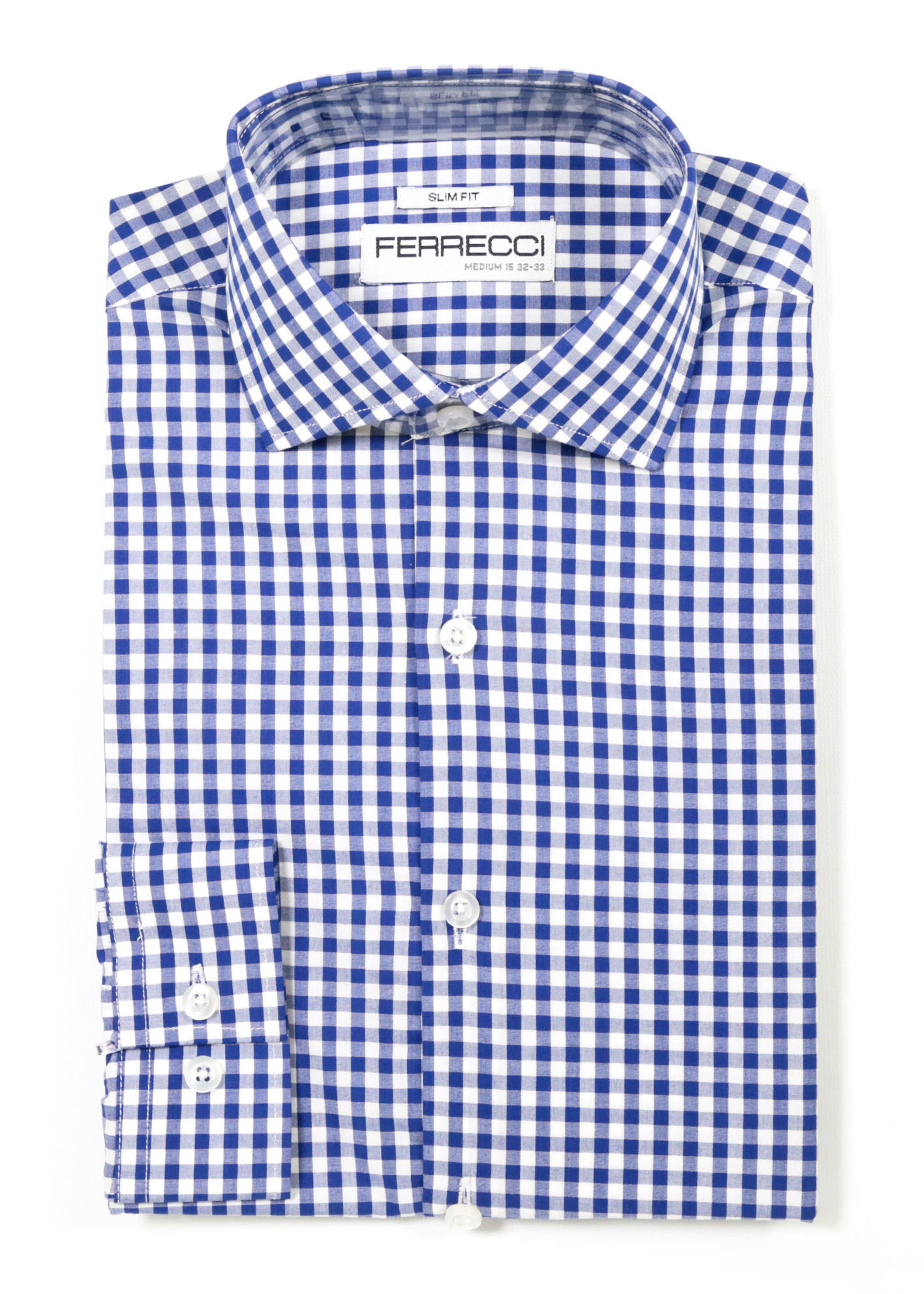 Mens Slim Fit Blue Gingham Check Casual Dress Shirt | FERRECCI – FHYINC