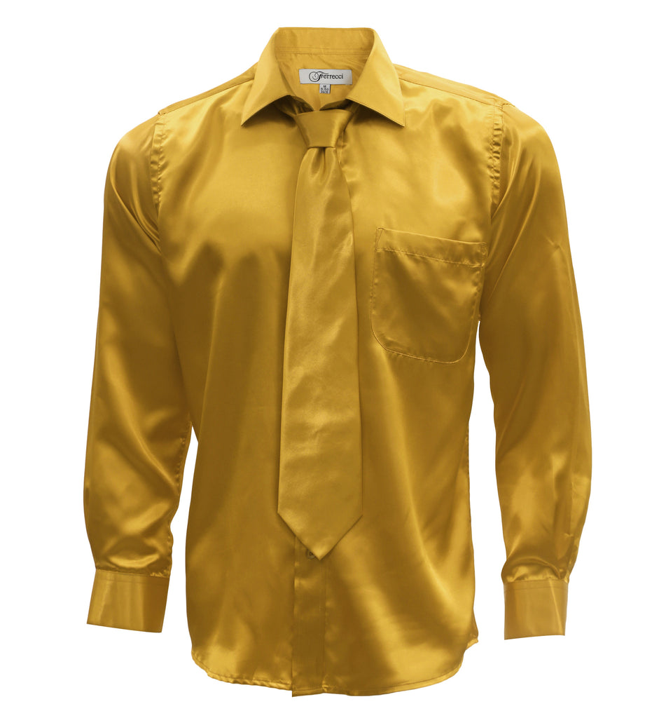 FHY INC Ferrecci Satin Gold Mens Dress Shirt Necktie & Hanky Set – FHYINC
