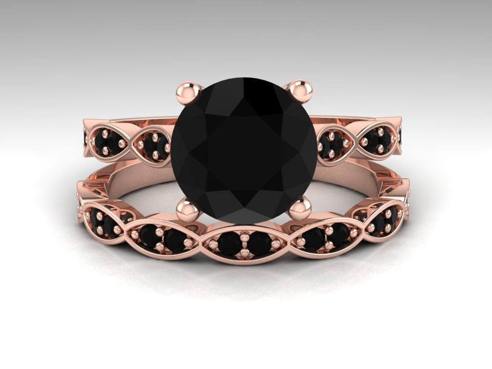 Rose Gold Bridal Ring Set Black Diamond Engagement Ring Set