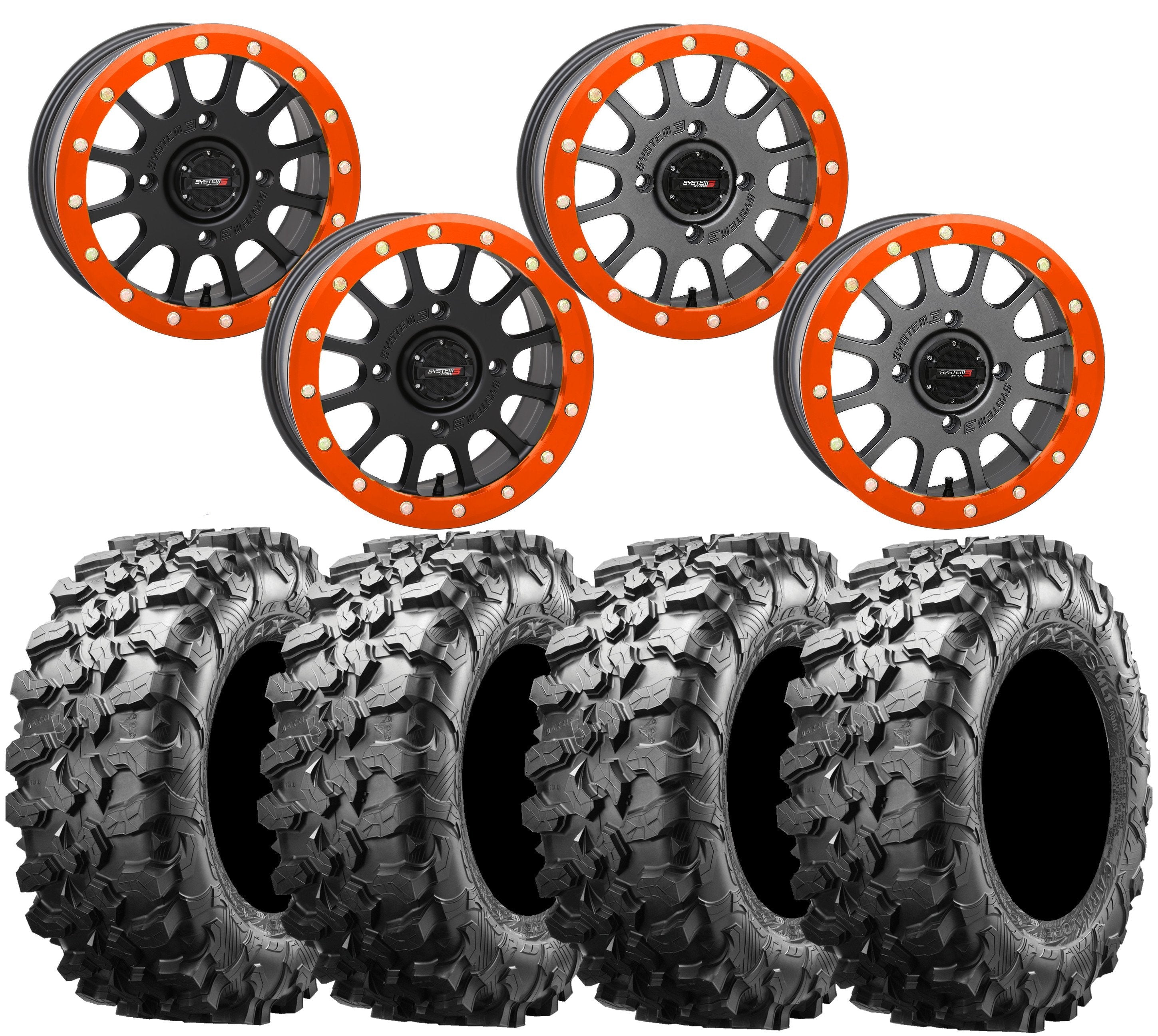 System 3 SB5 ORANGE Beadlock Wheel and Maxxis Carnivore Tire Kit
