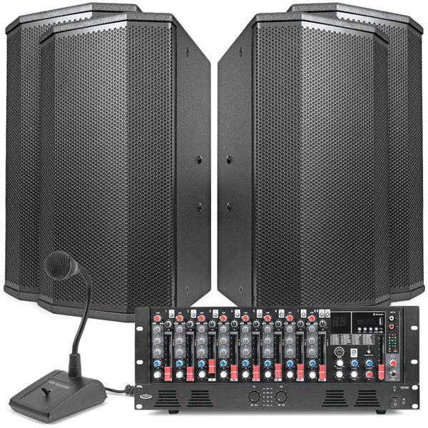 Gymnasium Speaker System Featuring 4 P110 10" PA Speakers, MX9 9-Channel Mixer, DA2500 Dual-Impedance 500W Power Amplifier & PTT1 Paging Microphone