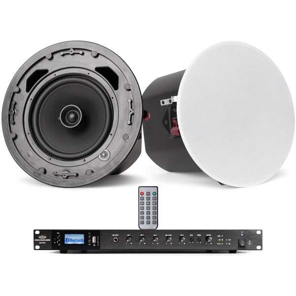 Retail Store Music System Featuring 4 C8 8" 70V Ceiling Mount Speakers & RMA350BT 350W Rack Mount Bluetooth Mixer Amplifier