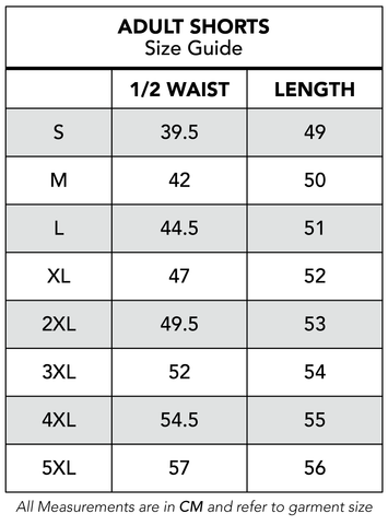 Size Guide - Adult Shorts