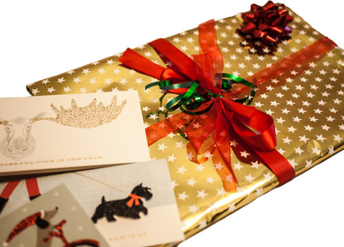 Gold Wrap with Festive Card, Tissue Paper +  Multi Ribbon