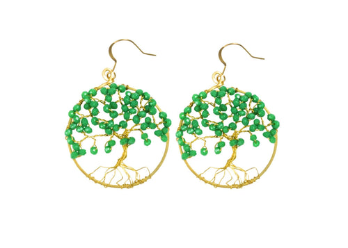 Handmade Earring Tree of Life Brass Circle Shape with Bead, Crystal and Stone