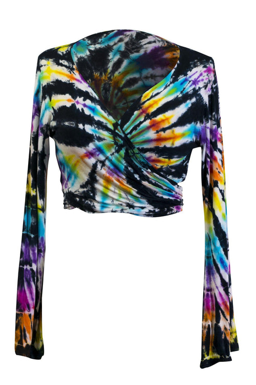 Tie Dye Crop Top Wrap Colourful Long Flare Sleeve Front Back Tied Cropped Top