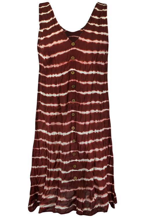 Cotton Sleeveless Tunic Dress Wood Button Stripe Tie Dye