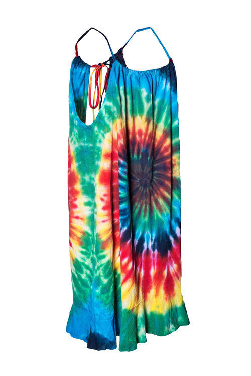 Tie Dye Halter Neck Mini Dress Pom Pom Bow tie details