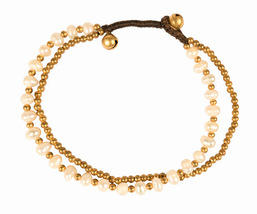 CCcollections Beaded Anklets for Women - Brass Bell Wax Cord Ancle Bracelet - Natural Stone, Shell, Pearls