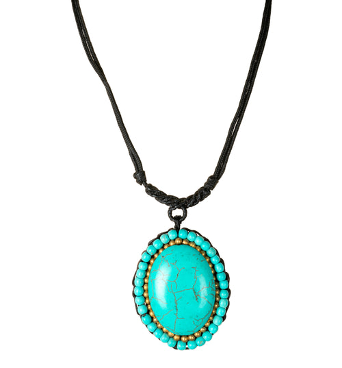 Nylon Necklace with Stone Oval Turquoise, Modern Boho Jewelry, Summer Fashion