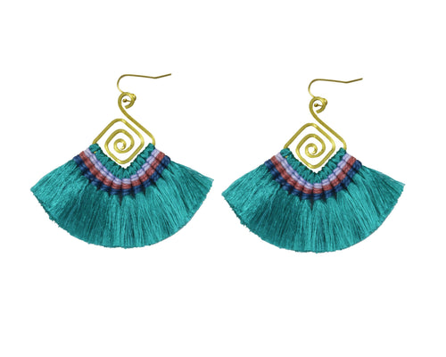 Handmade Earring Cotton Tassel Colourful Brass Spiral Shape