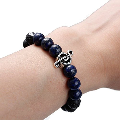 Sexy Sparkles Men, Womens Stone Lava Lapis Lazuli Beaded Healing Bracelet  Black With Musical Note Elastic 22cm(8 5/8