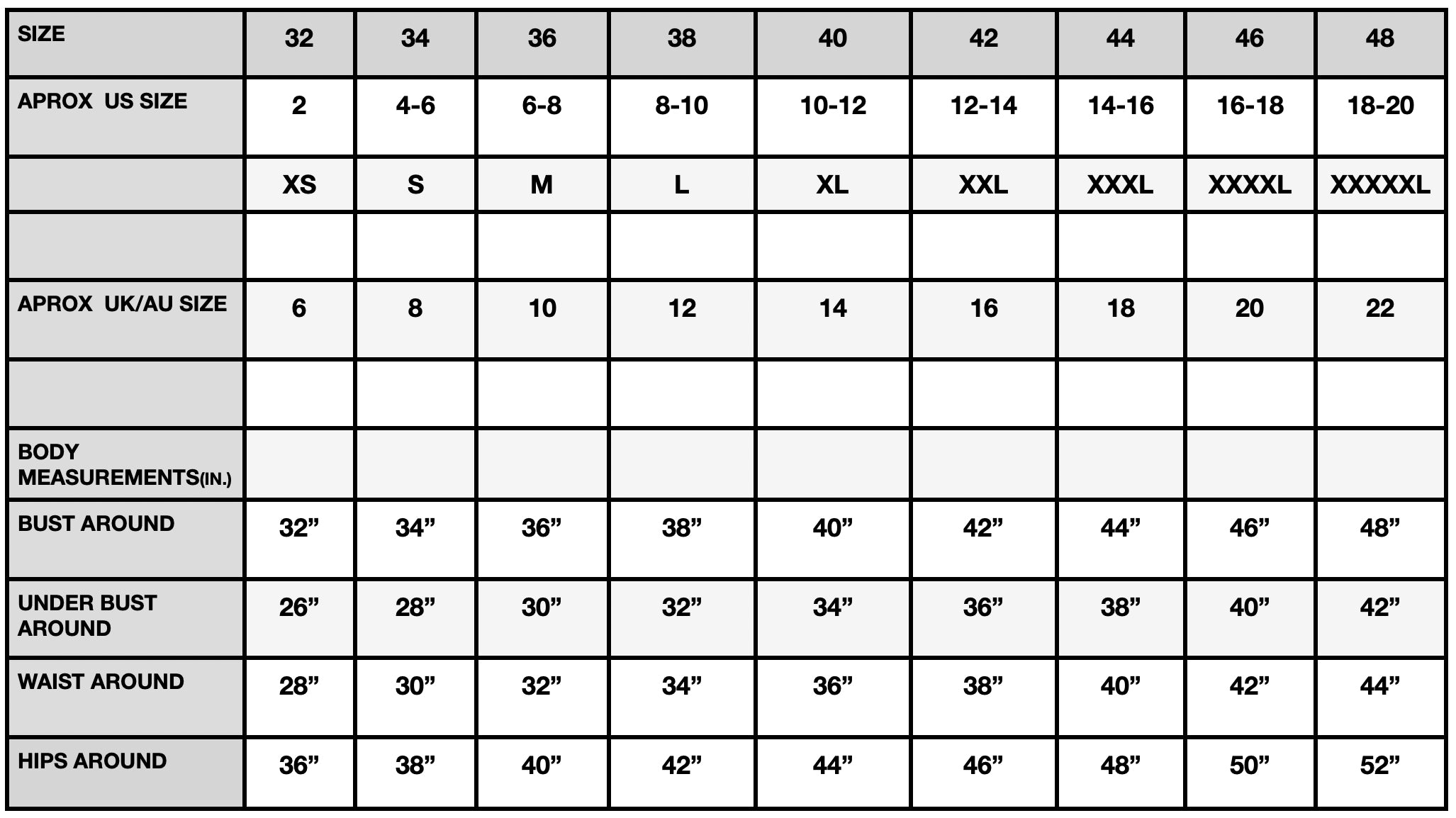 RAAS SIZE CHART