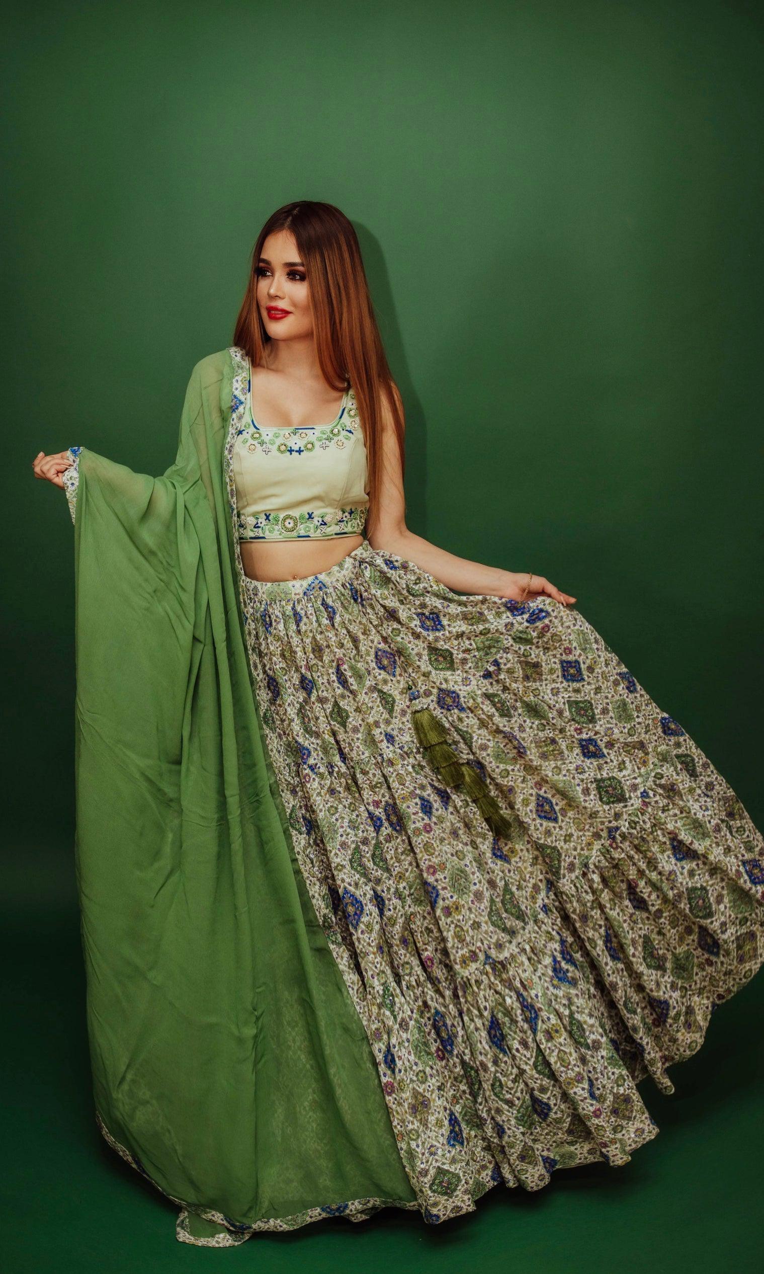 SHADED GREEN LEHENGA CHOLI USA bridesmaid lehenga Raas