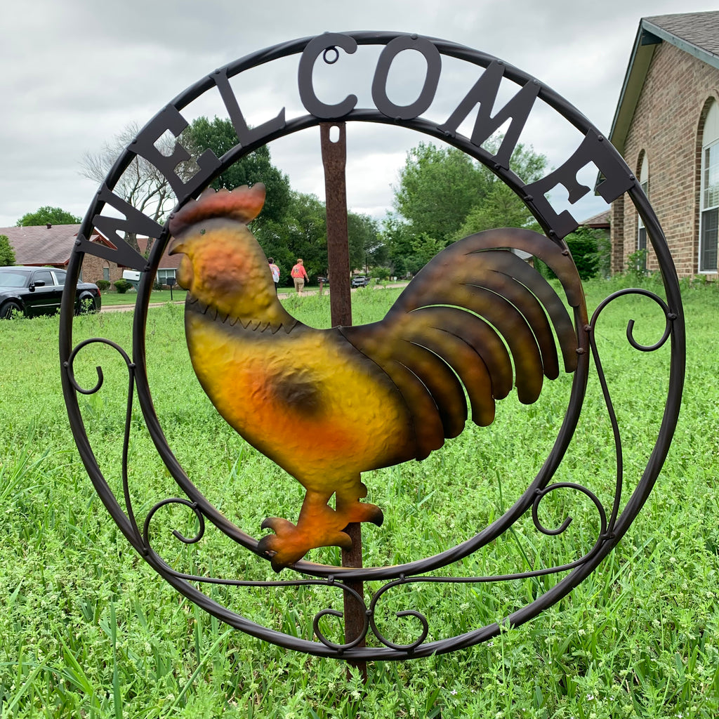 24" WELCOME ROOSTER & SCROLL STYLE WESTERN METAL ANIMAL ART HOME WALL ART RUSTIC COLOR