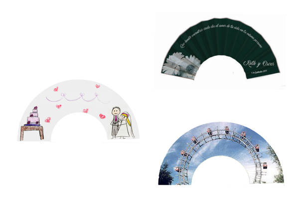 Examples of choosing your own design for Khu khu custom wedding hand-fans
