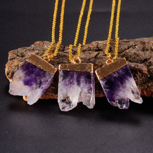 Natural Stone Purple Amethyst  Chunk Necklace in Gold Boho Chic