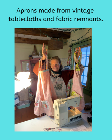 Upcycling clothing keeps it out of the landfills.  Aprons made from vintage tablecloths and fabric remnants.  Loved clothes last.