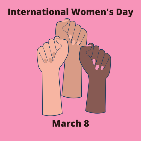 Hands raised to celebrate International Women's Day