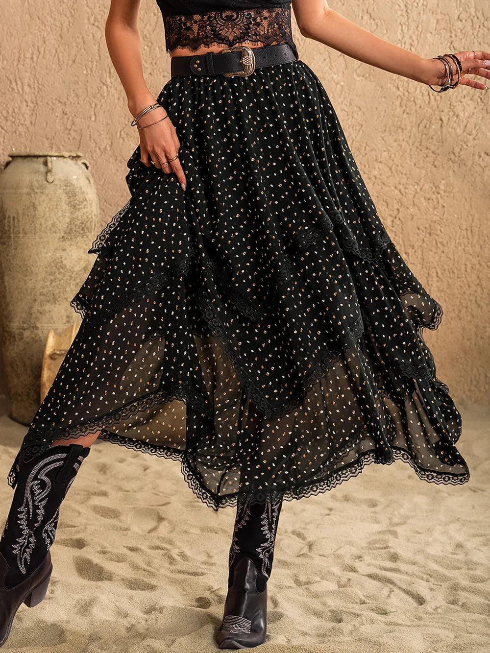 A Wee Bit O Celebration Lace Detail Layered Midi Skirt