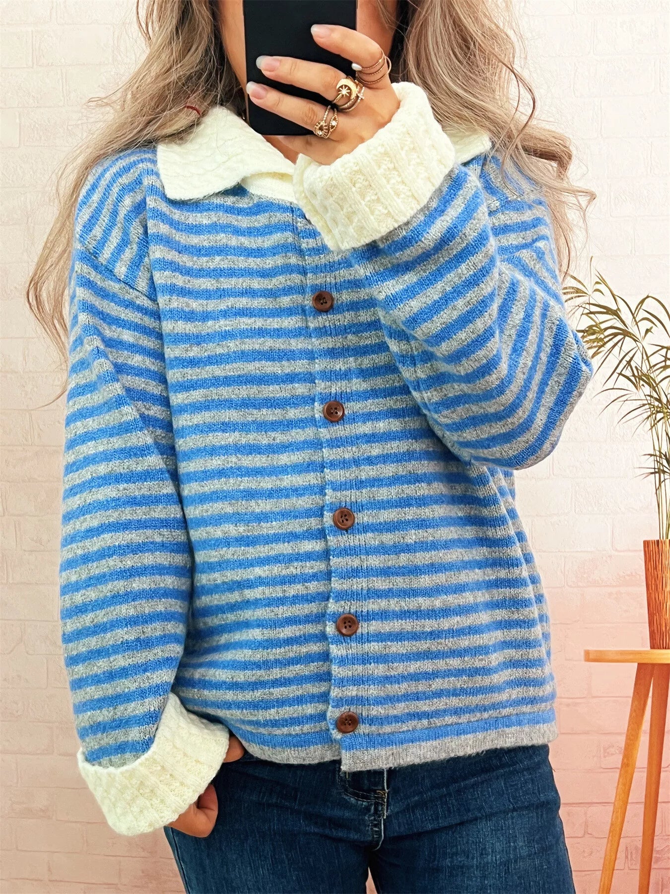 Becca Striped Knit Button Down Cardigan with Collar
