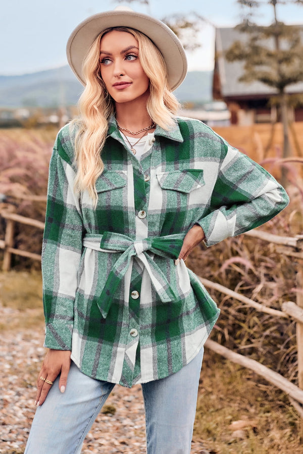 Nicki Plaid Curved Hem Dropped Shoulder Longline Shirt Jacket