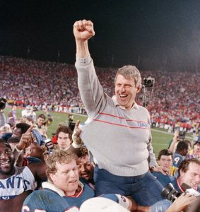 Parcells celebrates victory in Tampa at Super Bowl XXV. 