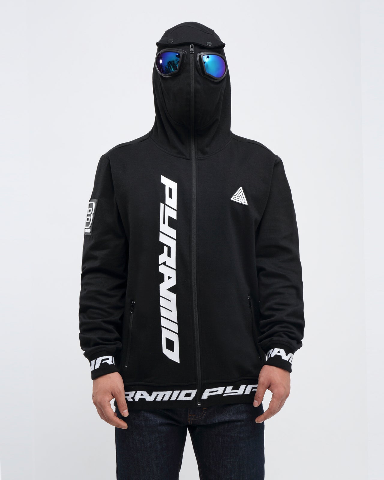 black pyramid hoodie with goggles