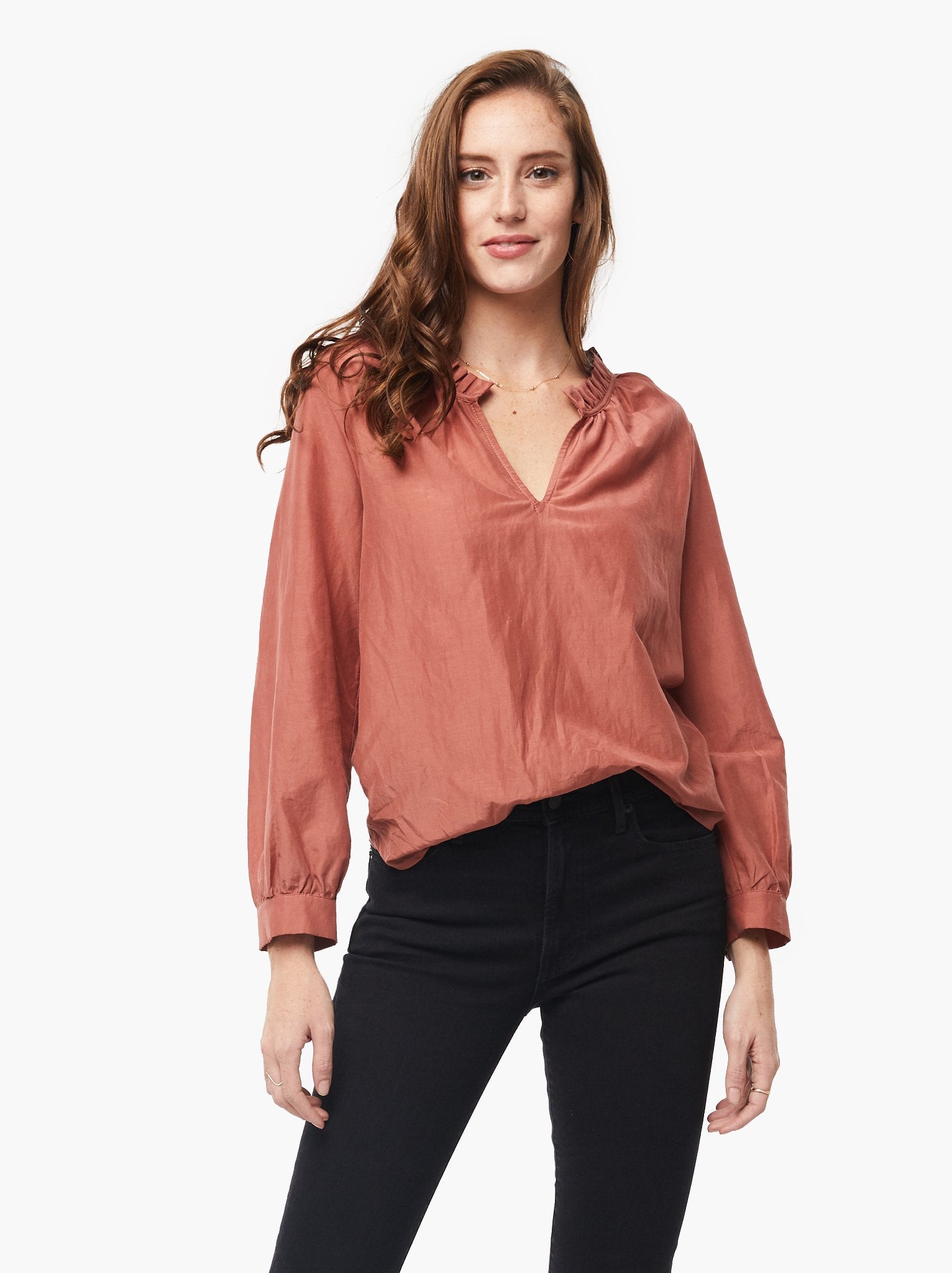 pink ruffle neck blouse