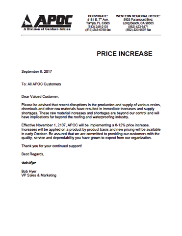 sample letter to inform customers of price increase