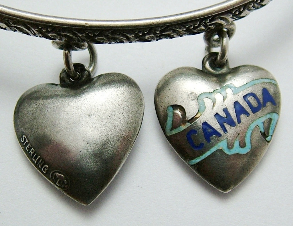 Antique Victorian Canadian Silver & Enamel Puffy Heart Charm Bangle c1