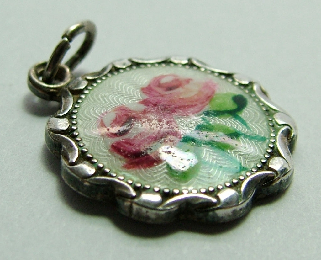 1950's Silver & Guilloche Enamel Disk Charm with Pink Roses – Sandy's