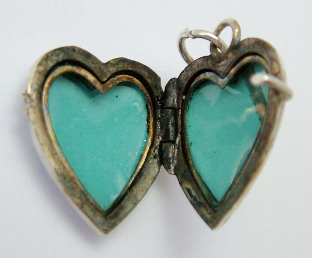 Vintage 1960's Silver & Guilloche Enamel Heart Locket Charm with Genti