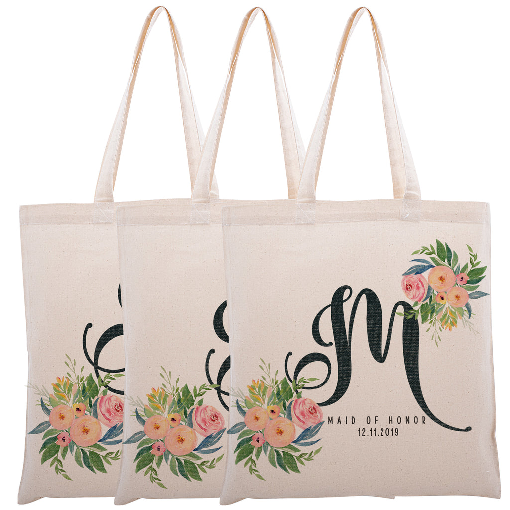 Personalized Floral Initial Canvas Tote Bag for Everyday Use Bridesmaid  Bachelorette Party Gift, Bride Maid of Honor Wedding Birthday Gift