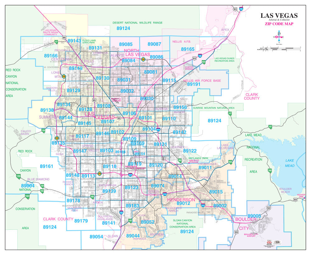 Las Vegas Arterial And Collector Zip Code Wall Map Ready To Hang Wide