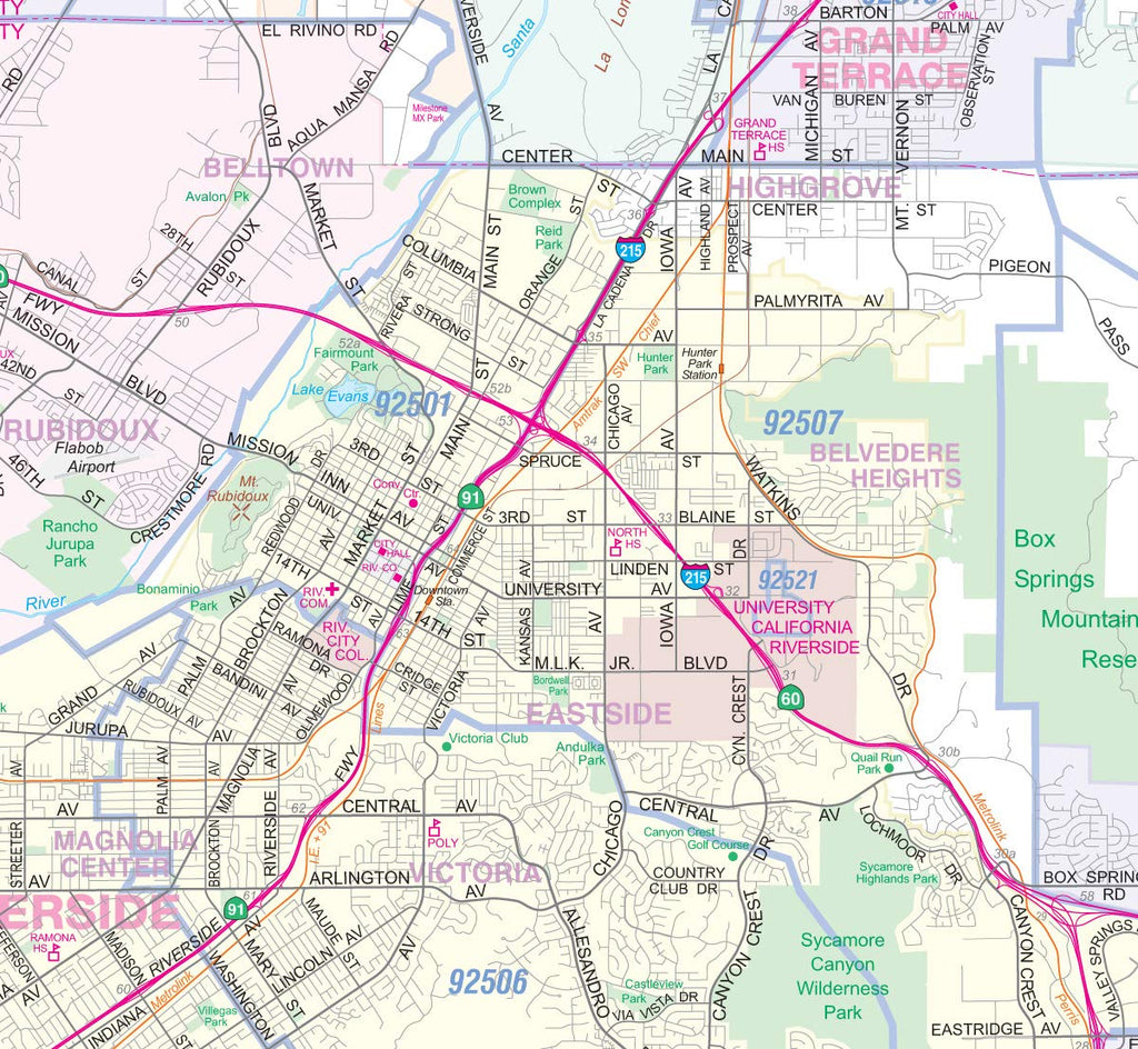 Los Angeles-Orange County-Riverside Detailed Region Wall Map (67