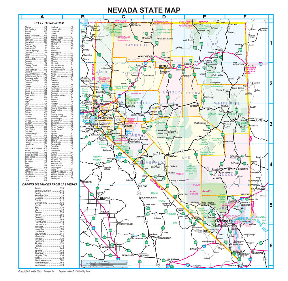 Detailed Map Of Nevada Nevada Counties And Roads Wall Map Gloss Laminated | Wide World Maps & More!