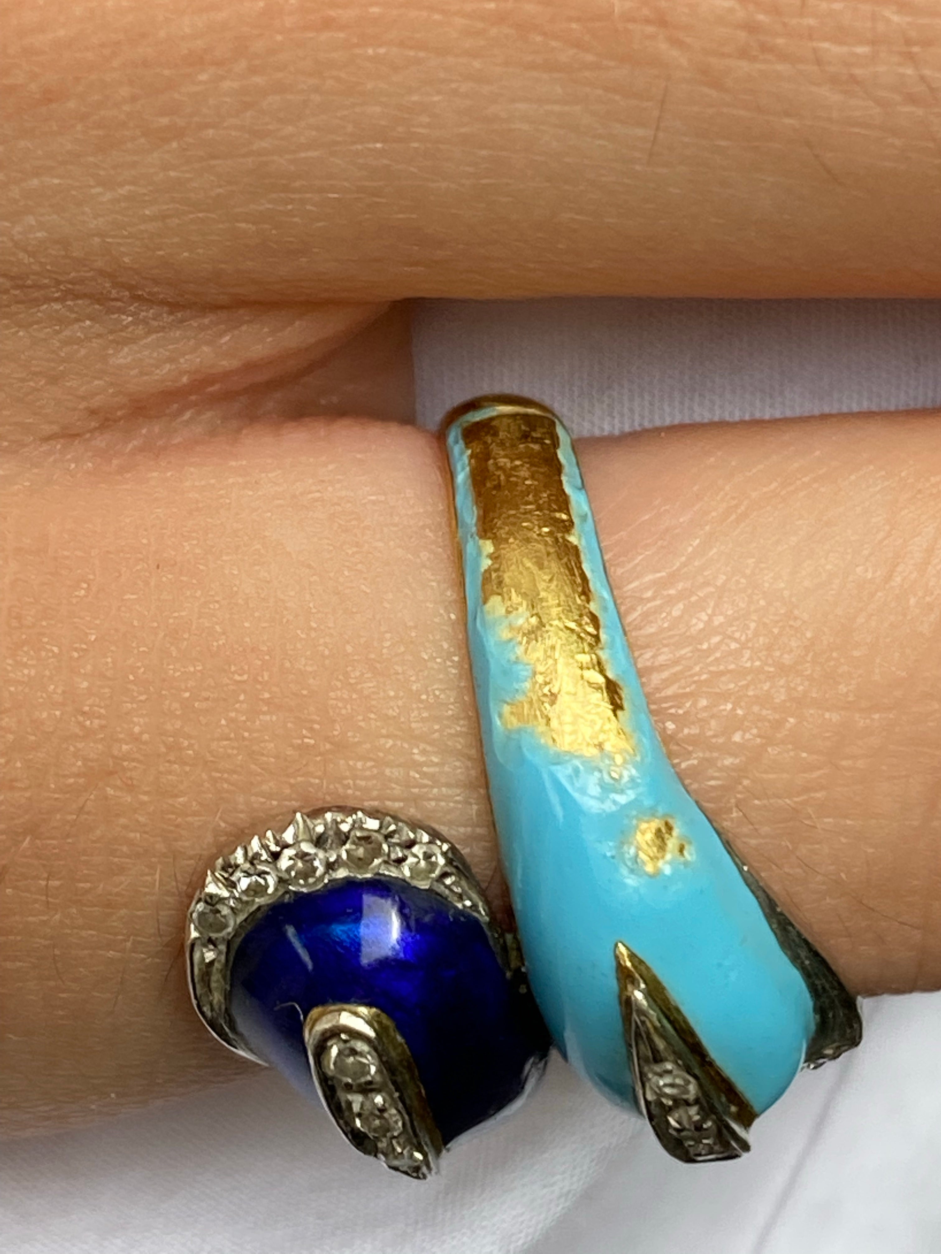 Vintage 18k Enamel and Diamond Bypass Ring