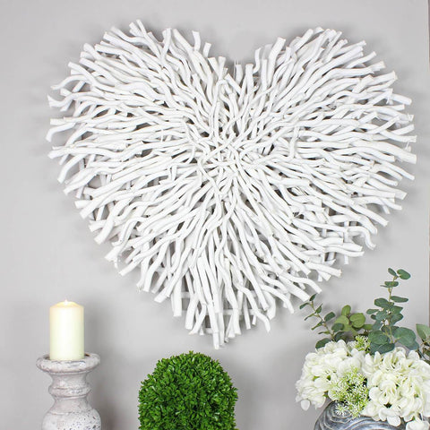 Large White Wood Chunky Twig Wicker Heart