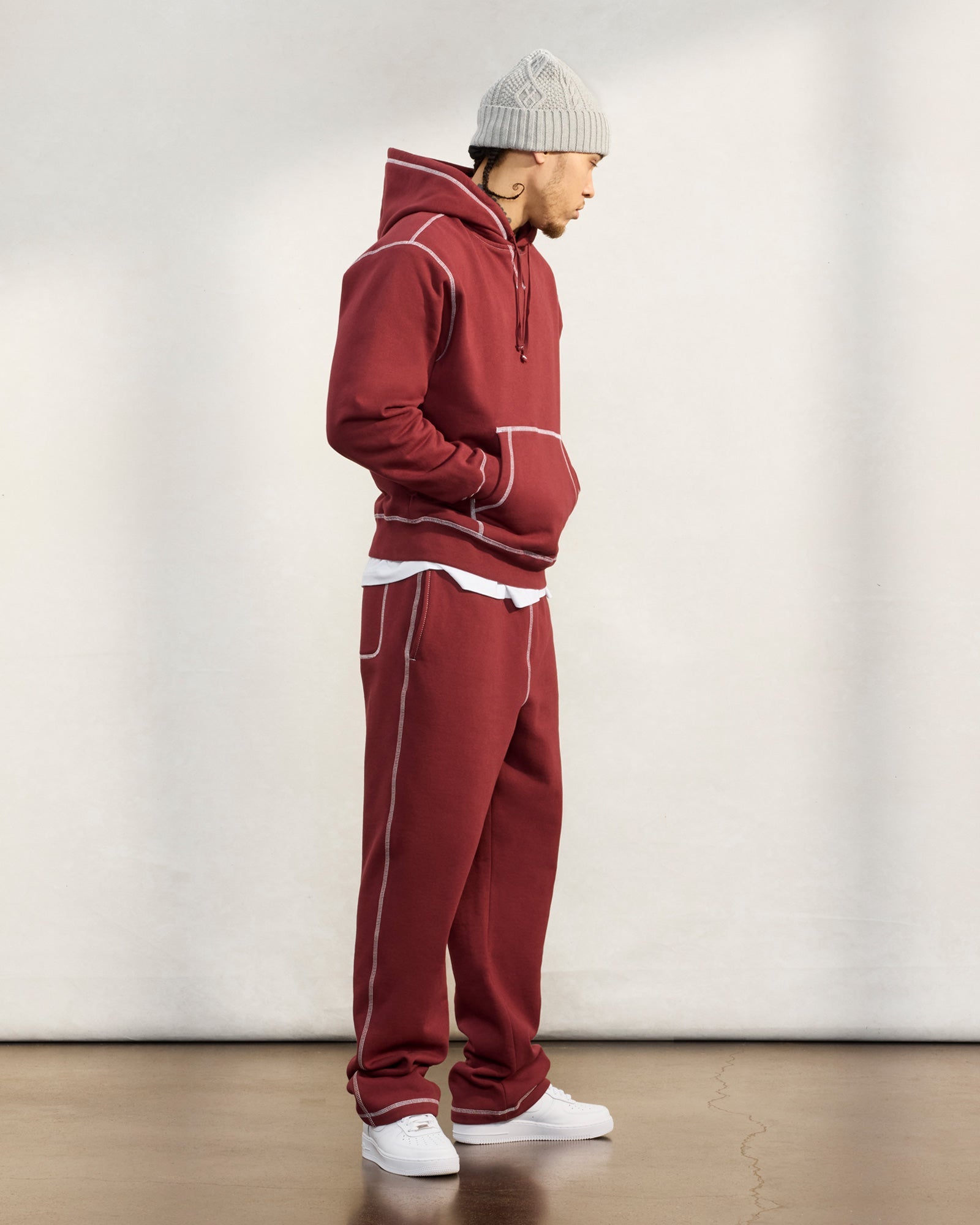 Contrast Stitch Hoodie - Burgundy