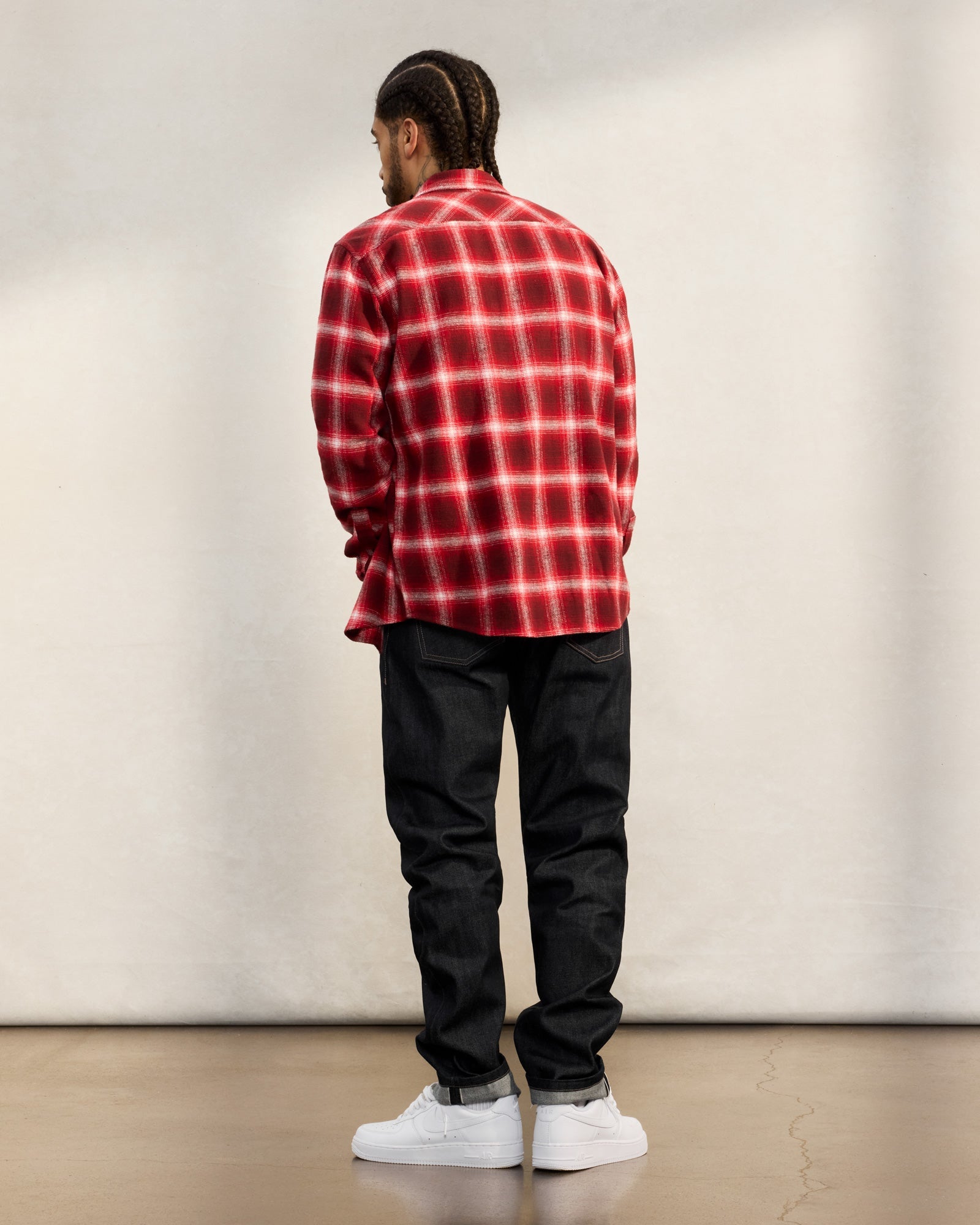 Zip Front Shadow Plaid Shirt - Red