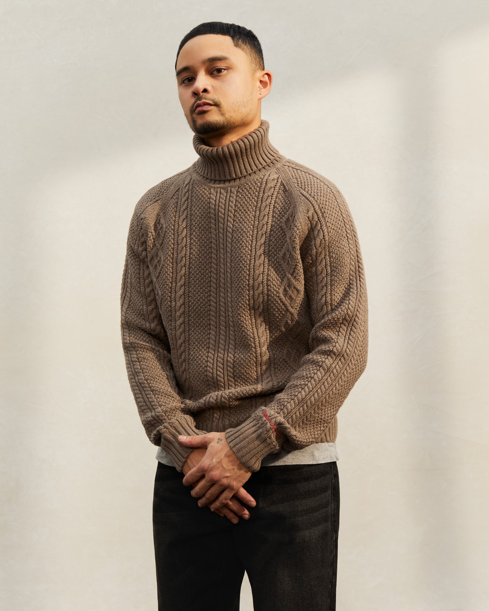 Cable Knit Turtleneck Sweater - Taupe