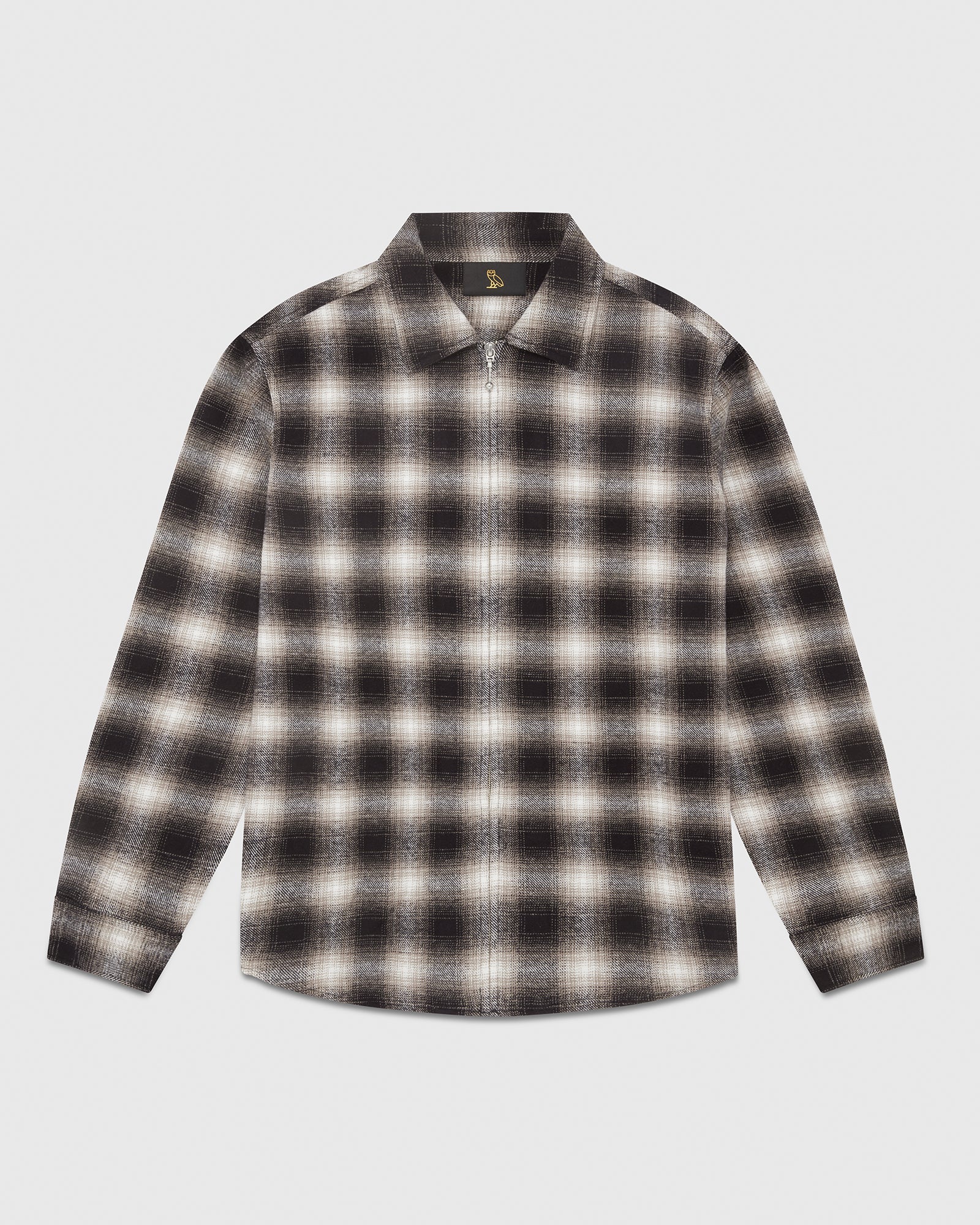 Zip Front Shadow Plaid Shirt - Black