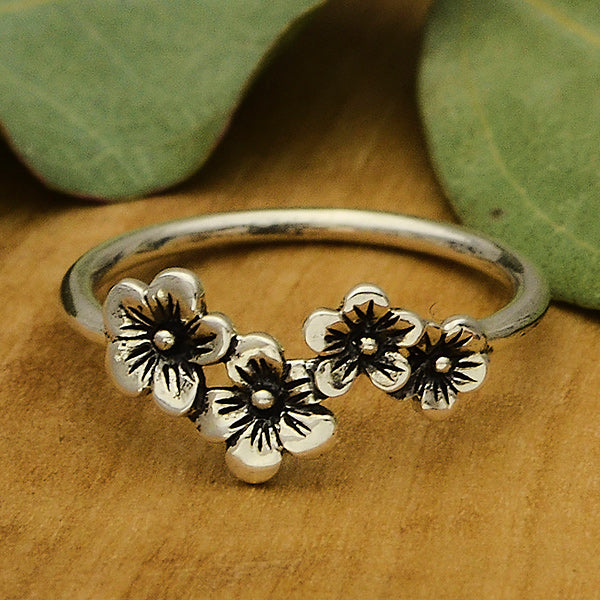 Sterling Silver Bee and Cherry Blossom Adjustable Ring