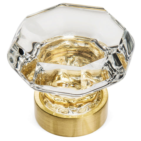 Clear glass cabinet knob with a brushed brass base