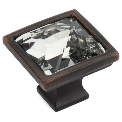 Square bronze cabinet knob with clear glass center