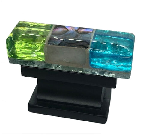 Rectangular glass cabinet knob with green blue and black glass