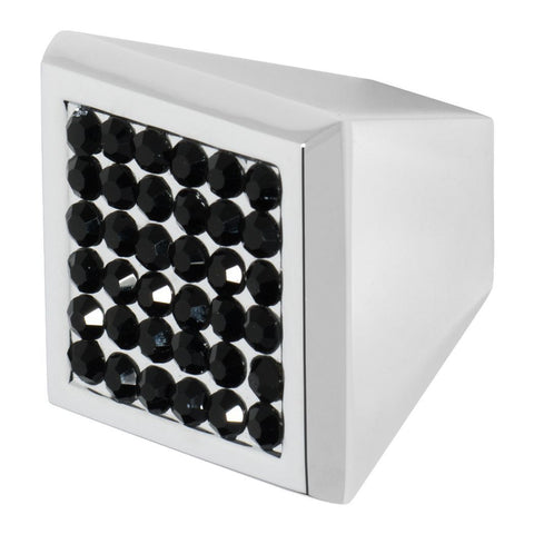 Square satin nickel cabinet knob with black crystals on the face